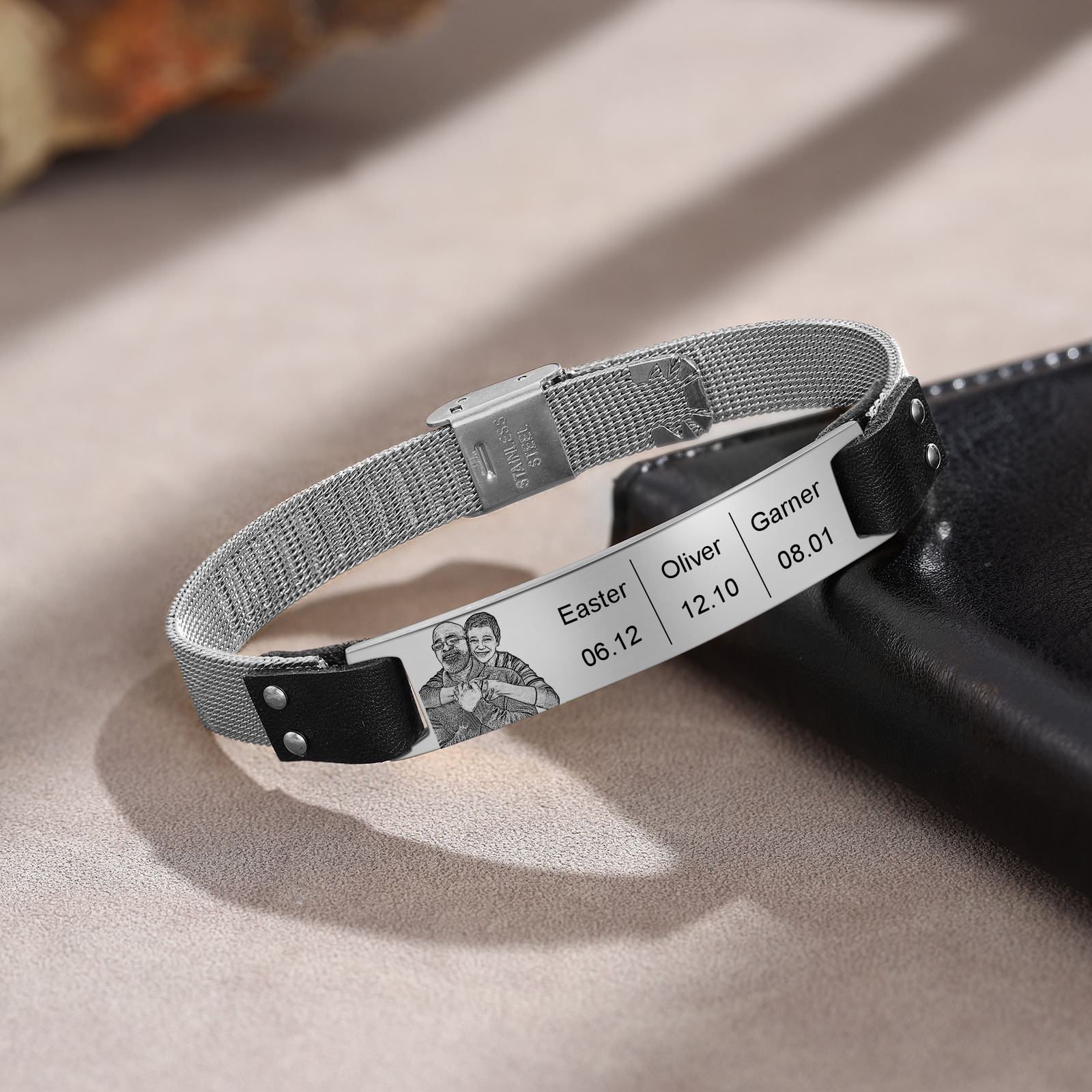 Bracelet Photo Personnalisé avec 3 Prénoms et Dates pour Homme｜Jessemade