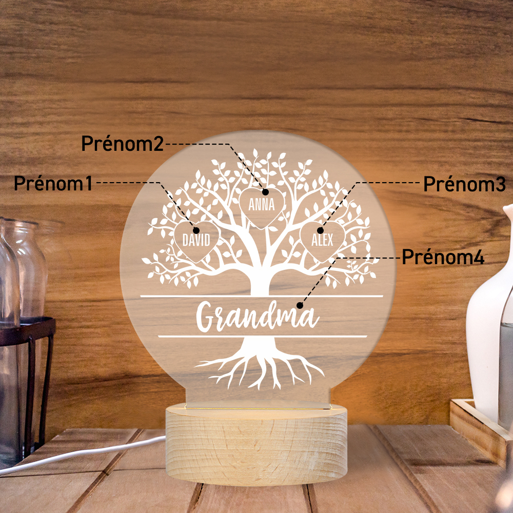 À ma Mamie/Maman - Lampe de chevet Arbre de vie LED Lumières 4 Prénoms Personnalisés pour Famille