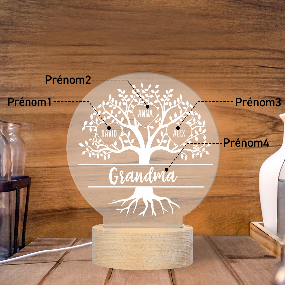 À ma Mamie/Maman - Lampe de chevet Arbre de vie LED Lumières 4 Prénoms Personnalisés pour Famille