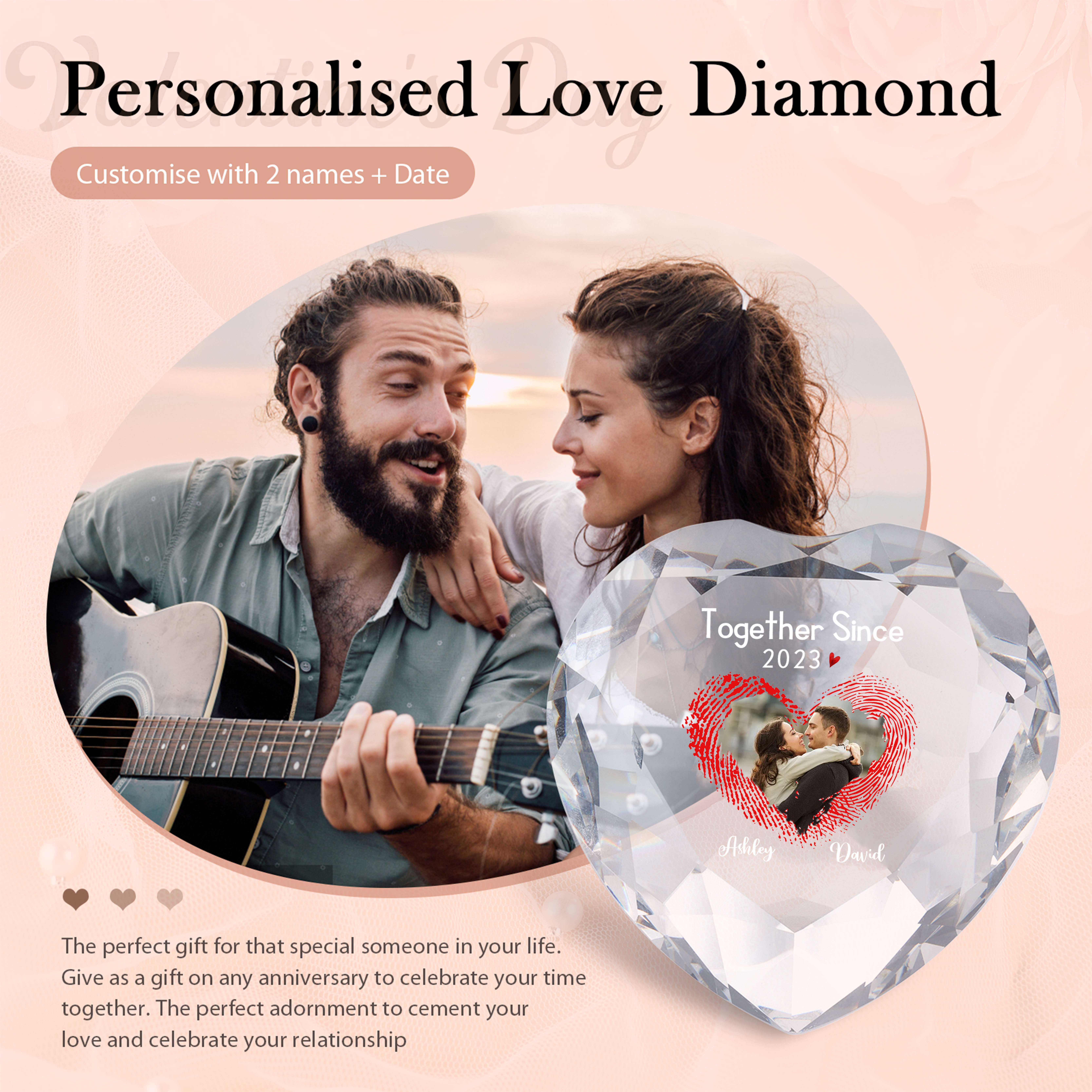 Décoration Cristal Cœur 2 Prénoms et 1 Photo Personnalisés avec Texte et Année pour Couple