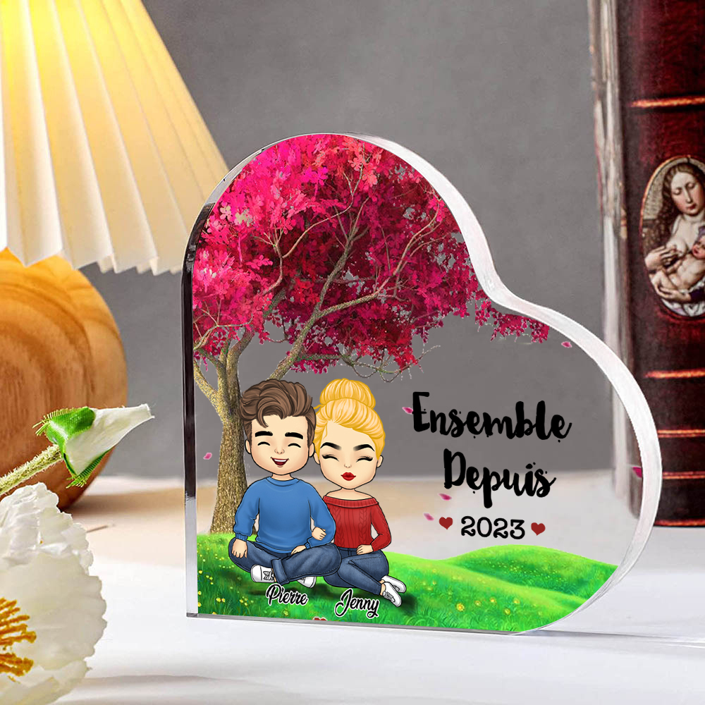 Plaque Acrylique en Forme de Cœur 2 Prénoms Personnalisés avec Année pour Couple