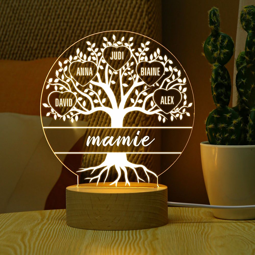 À ma Mamie/Maman - Lampe de chevet Arbre de vie LED Lumières 6 Prénoms Personnalisés pour Famille