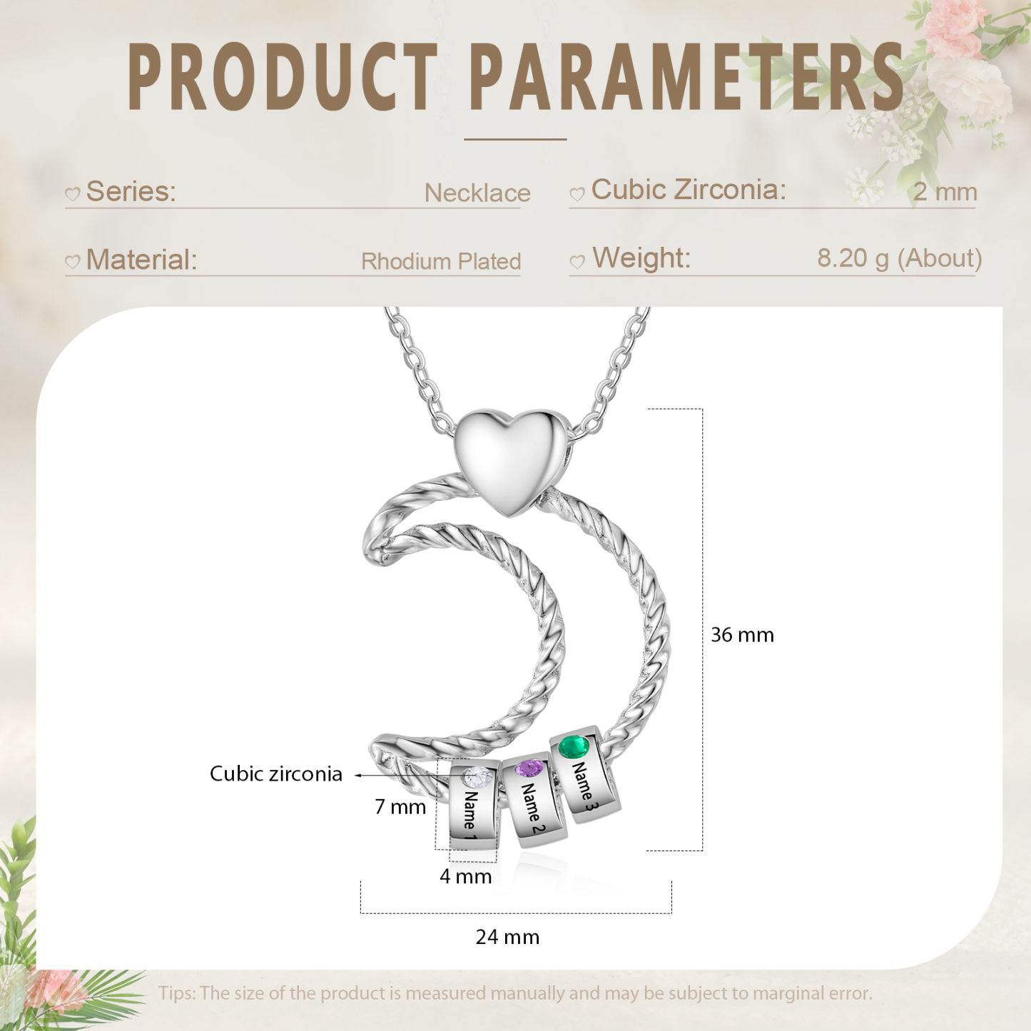 Collier Pendentif Lune 3 Prénoms et Perles Personnalisés avec Pierres de Naissance Collier Femmes