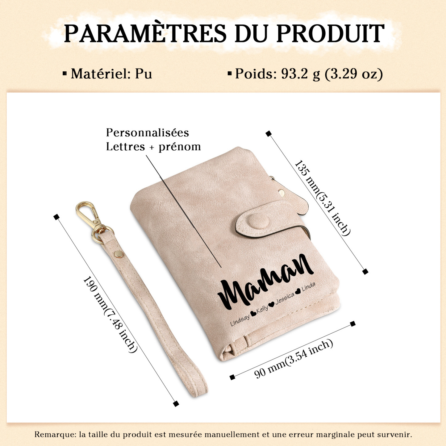 Portefeuille Femmes 6 Prénoms et 2 Textes Personnalisés avec Photo Porte-Monnaie Carte