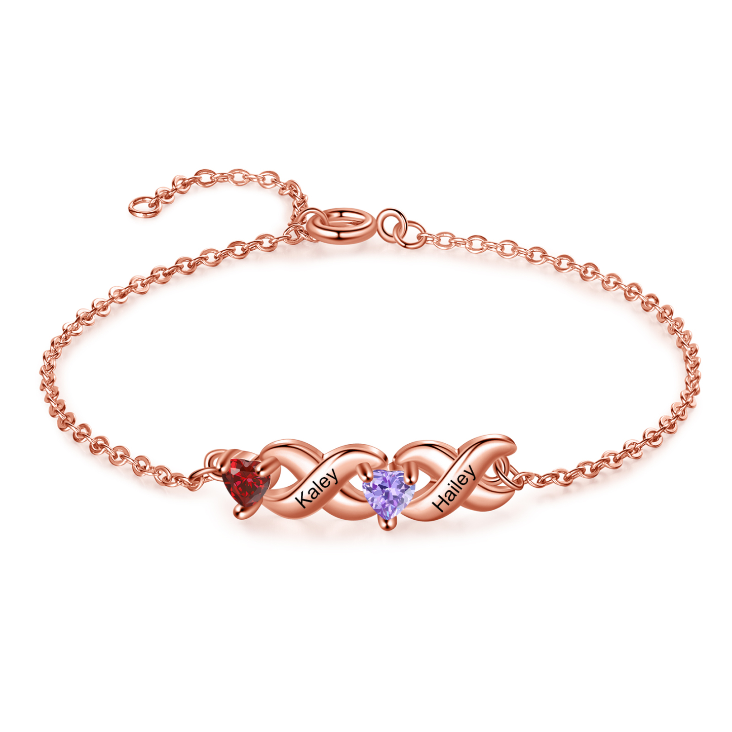 Bracelet à Breloque 2 Prénoms Personnalisé avec 2 Pierres de Naissance