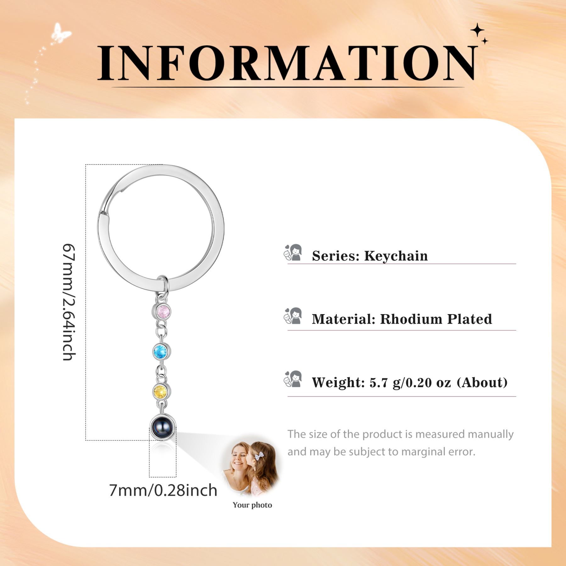 Porte-Clés de Projection Photo Personnalisée 3 Pierres de Naissance