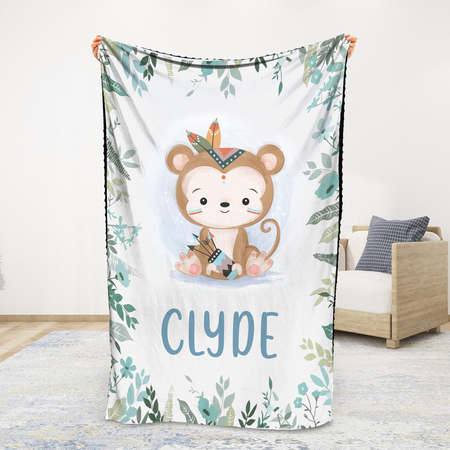 Couverture plaids polaire singe 1 Prénoms Personnalisé pour enfant