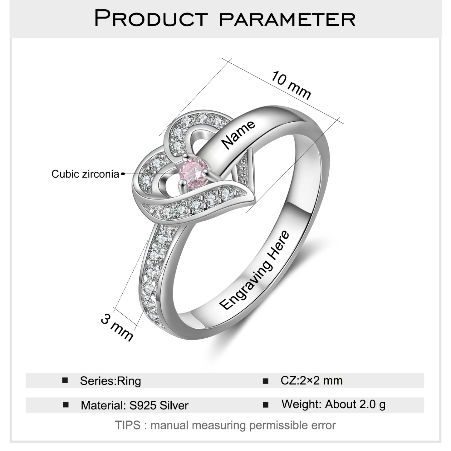 Bague Argent 925 1 Prénom Personnalisé avec 1 Pierre de Naissance