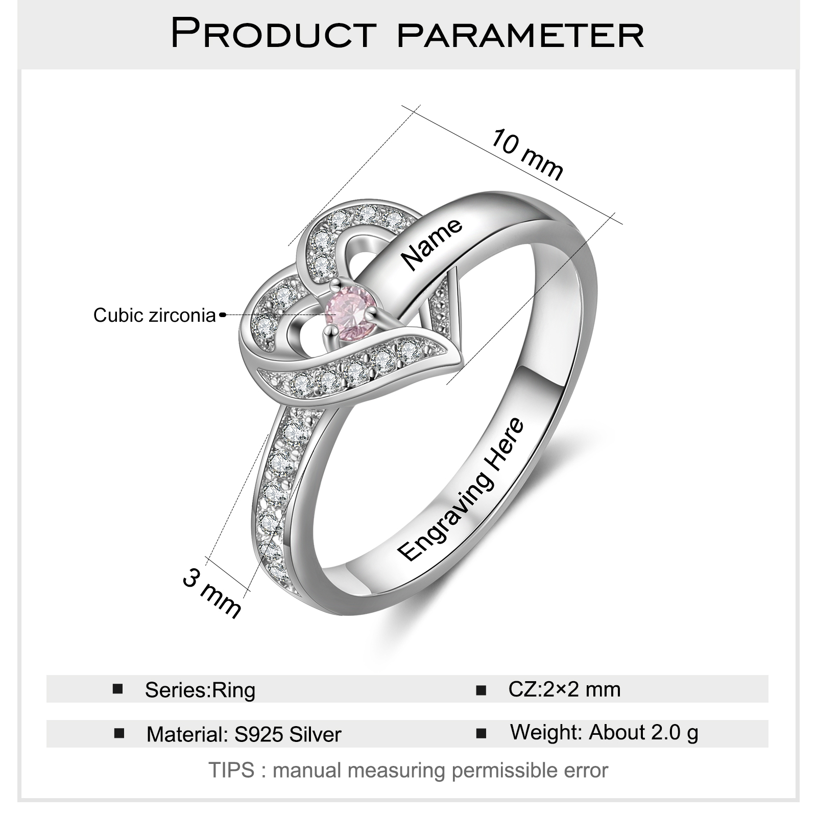 Bague Argent 925 1 Prénom Personnalisé avec 1 Pierre de Naissance