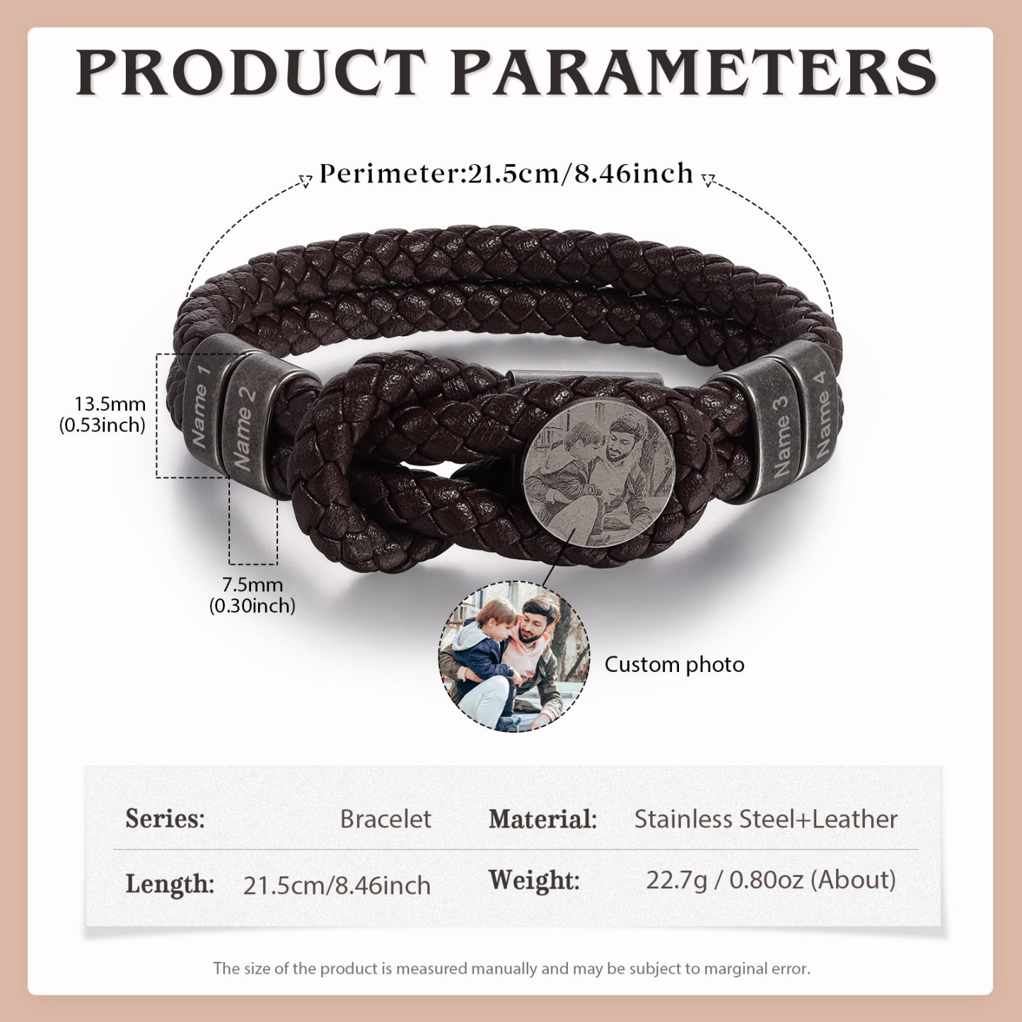Bracelet Photo Personnalisé avec 4 Prénoms Bracelet en Cuir pour Homme｜Jessemade