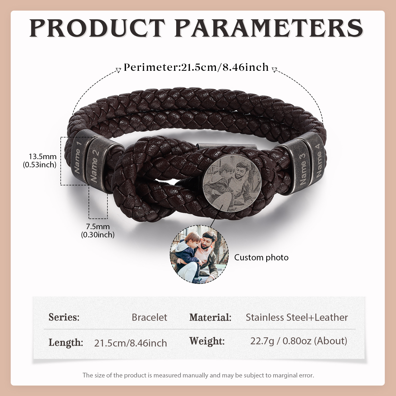 Bracelet Photo Personnalisé avec 4 Prénoms Bracelet en Cuir pour Homme｜Jessemade