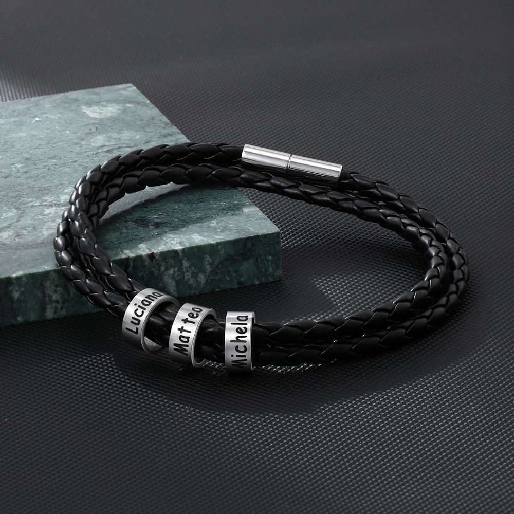 Bracelet Prénom Personnalisé en Cuir Tressé 3 Perles Bracelet Homme Bracelets Unique Meilleur
