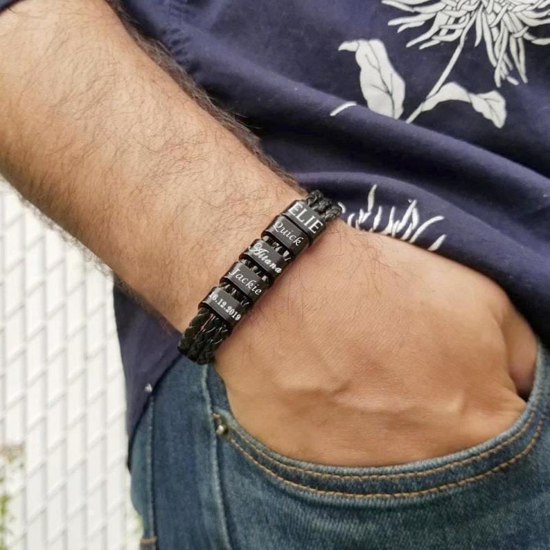 Bracelet Cuir tressé 5 Perles Prénom Personnalisé Bracelet Homme