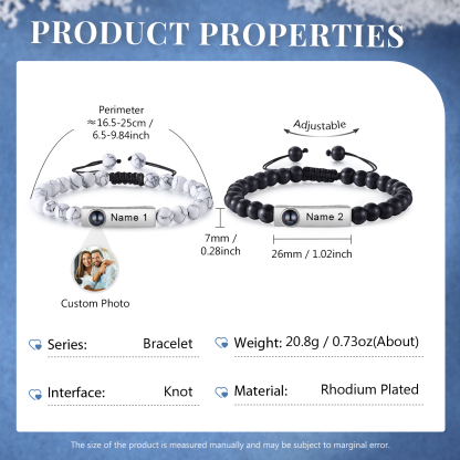 2PCS Bracelets Projection de Pierres 2 Prénoms et 1 Photo Personnalisés pour Couple