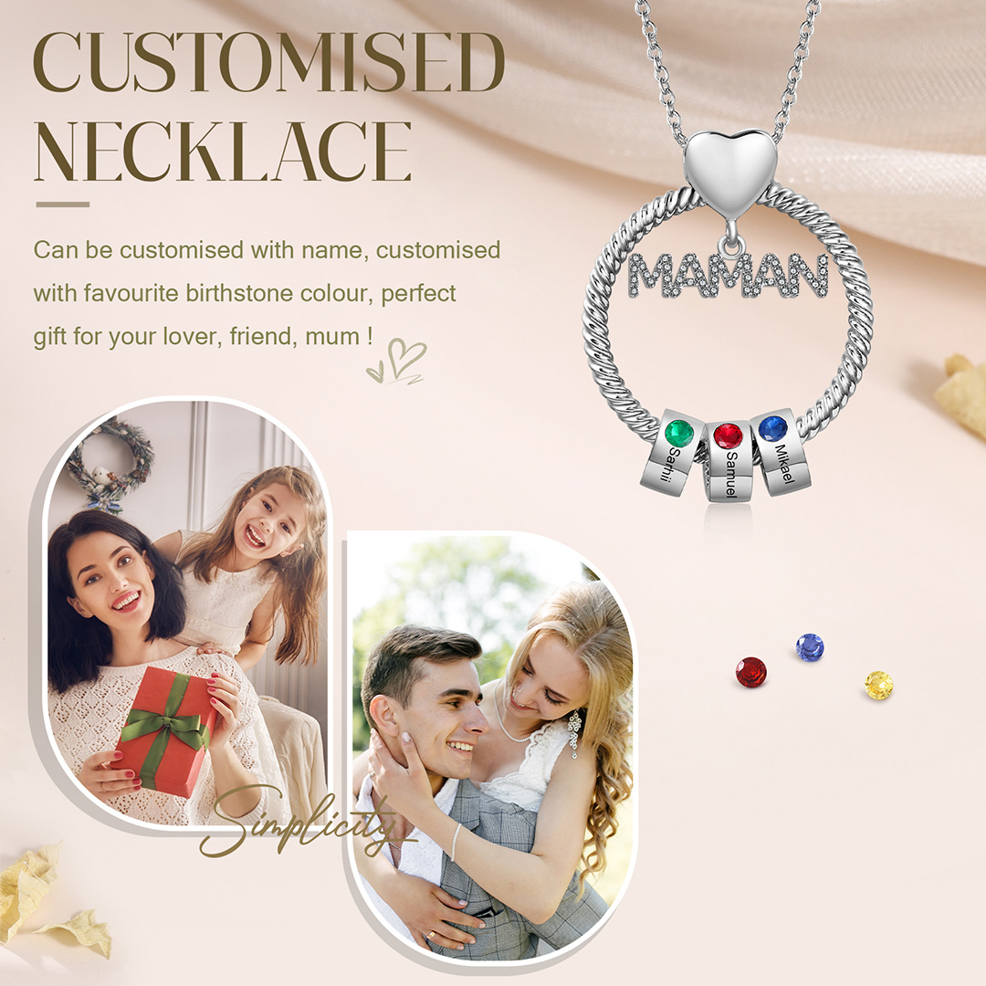 À ma Maman - Collier Pendentif 3 Prénoms Personnalisés avec Pierre de naissance|Jessemade
