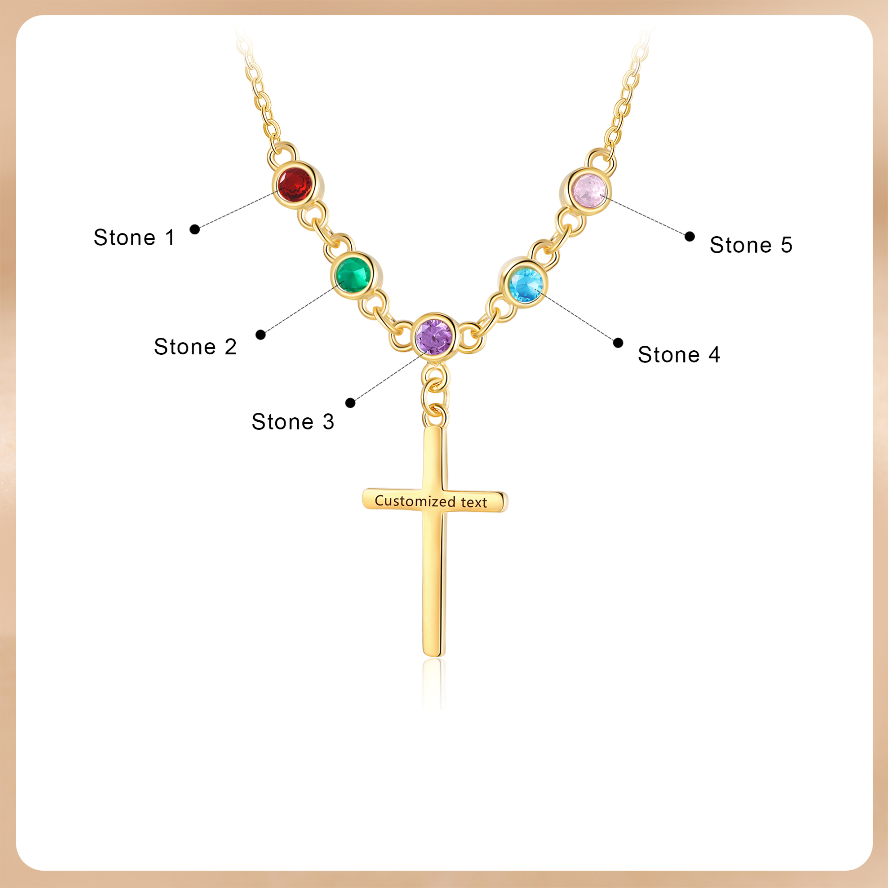 Collier Croix 5 Pierres de Naissance Personnalisés avec Texte Collier pour Femmes