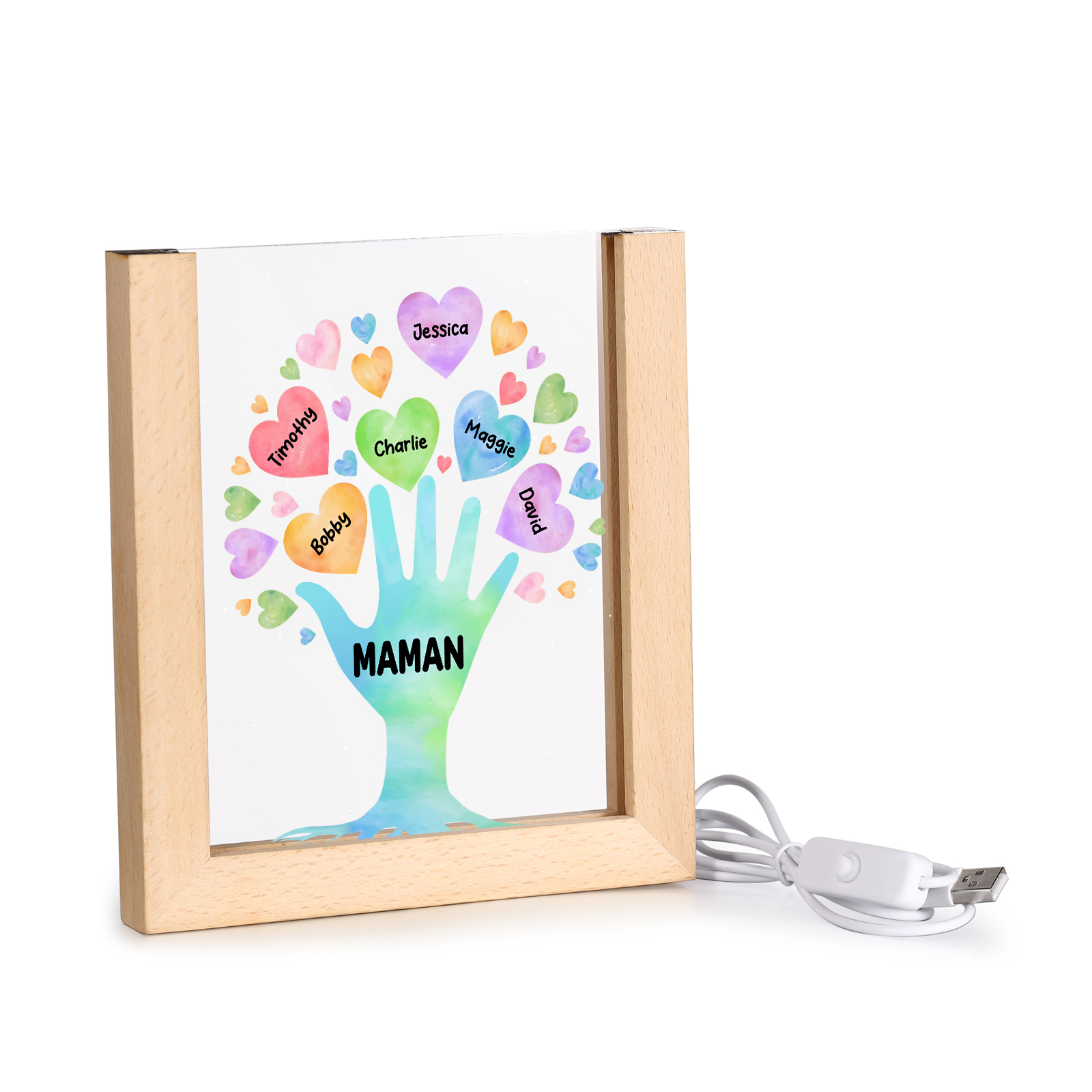 À Maman/Mamie - Lampe de chevet LED Main et Cœur 6 Prénoms Personnalisés avec 1 Texte