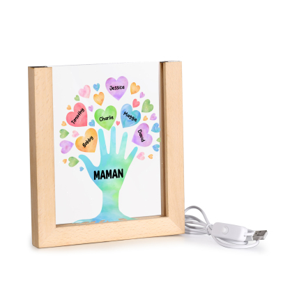 À Maman/Mamie - Lampe de chevet LED Main et Cœur 6 Prénoms Personnalisés avec 1 Texte