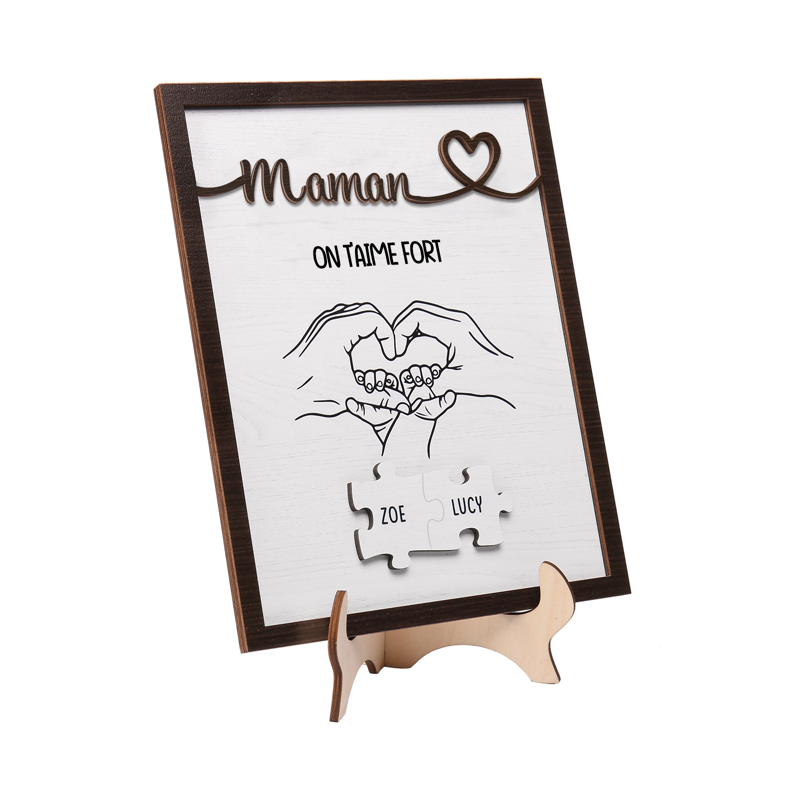 À Maman - Décoration en bois Mains et Puzzles 2 Prénoms et 1 Texte Personnalisés Ornement Famille