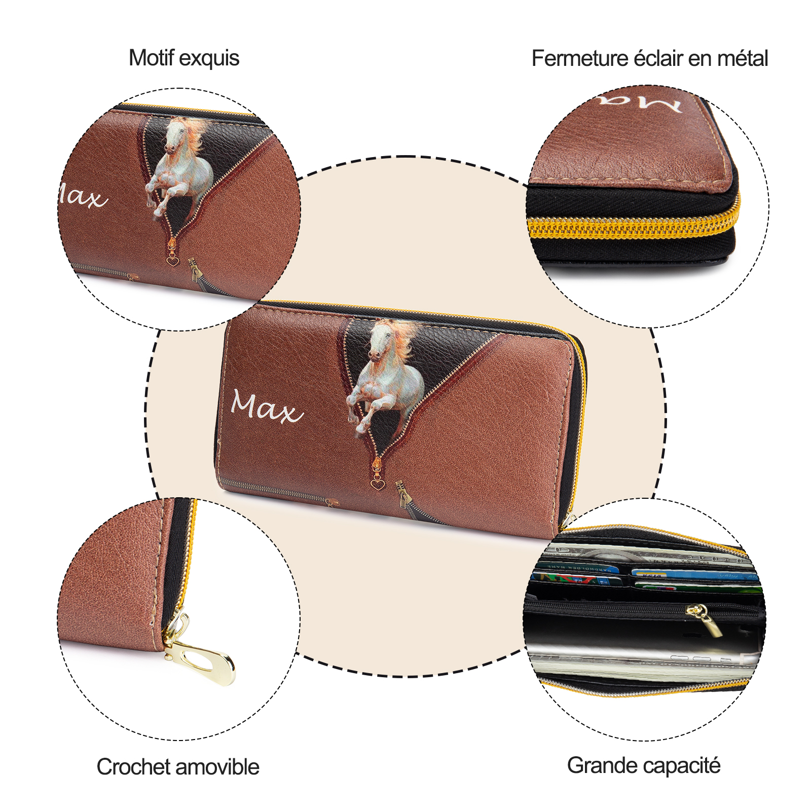 Portefeuille long en cuir PU cheval 1 Prénom personnalisé avec 4 photo