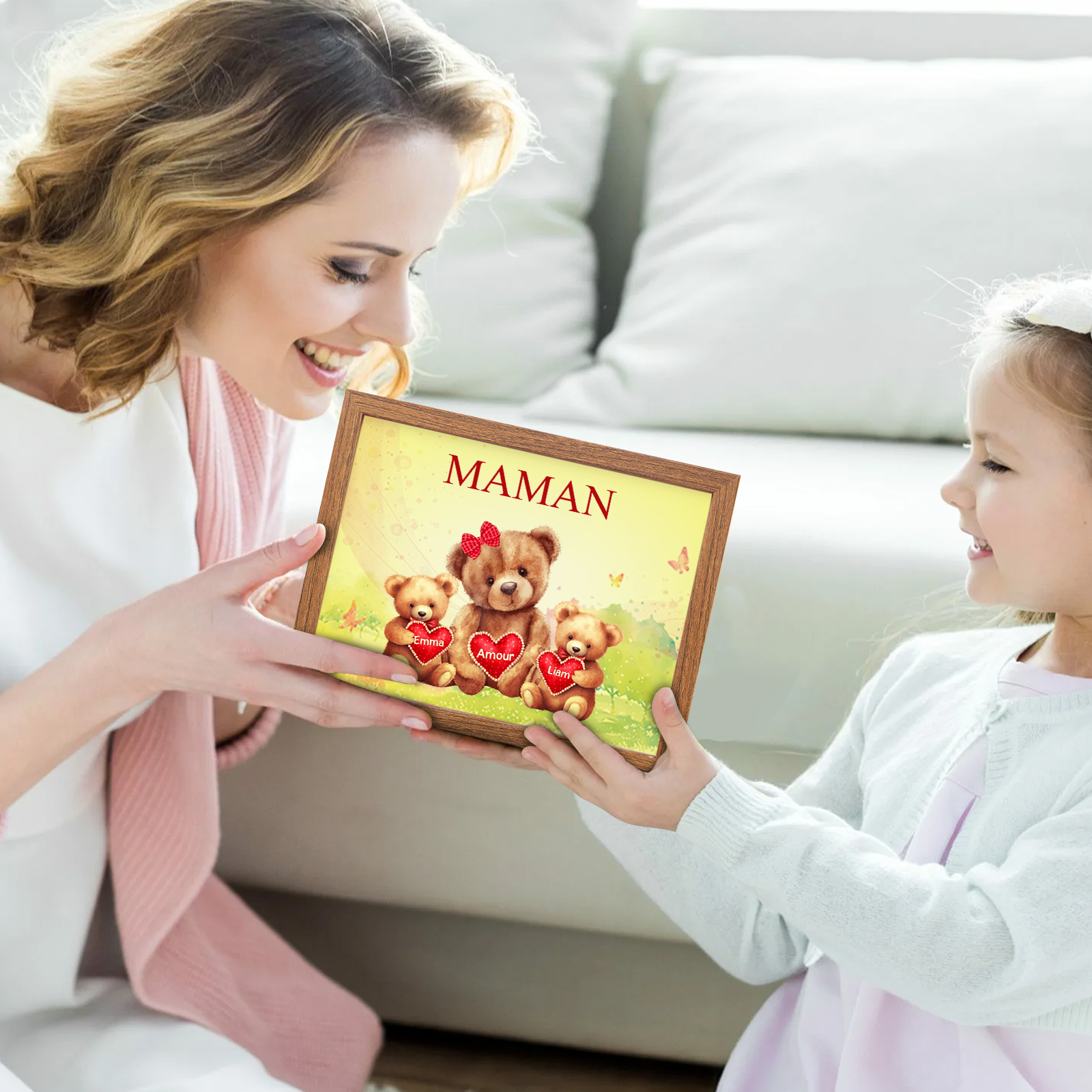 Cadre Photo LED Ours 2 Prénoms Personnalisés avec 1 Texte Décoration Famille