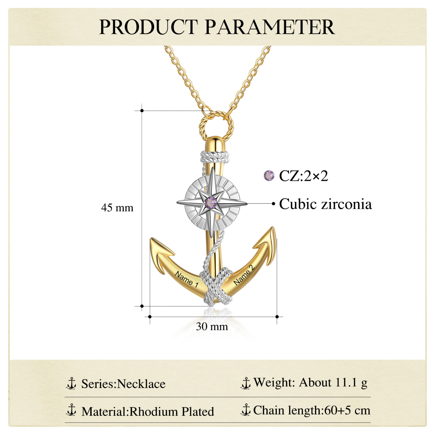 Collier d'ancre marine nautique Pirate ancre pendentif 2 Prénom Personnalisés avec pierre de naissance
