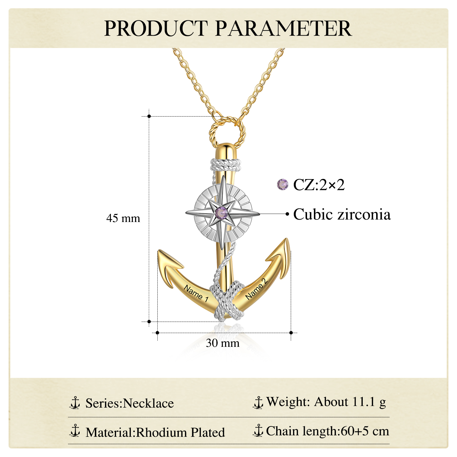 Collier d'ancre marine nautique Pirate ancre pendentif 2 Prénom Personnalisés avec pierre de naissance