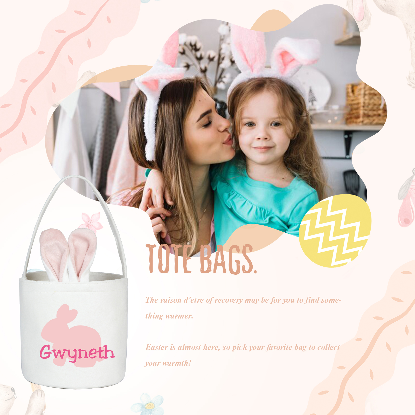 Sac de Pâques Lapin 1 Prénom Personnalisés Tote Bag Enfant