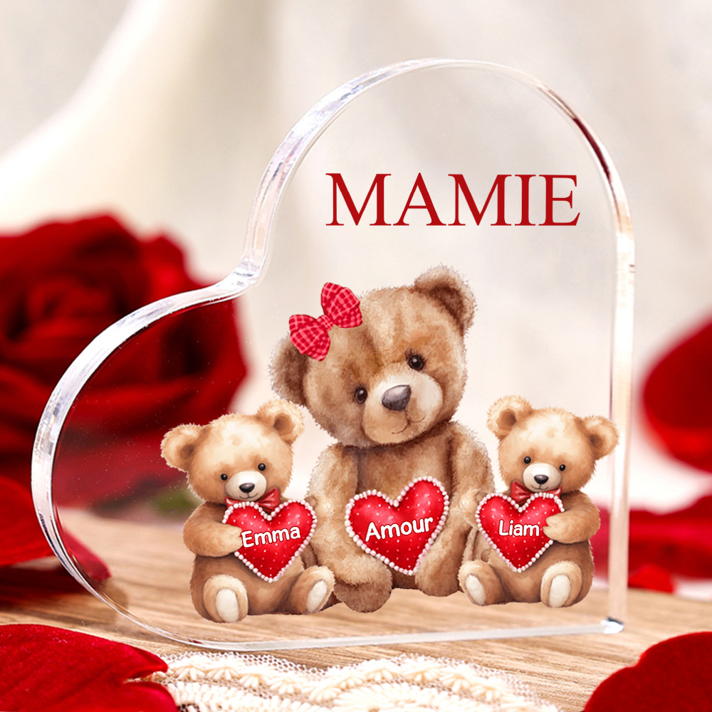 À ma Maman/Mamie - Plaque Acrylique Ours en Forme de Cœur 2 Prénoms Personnalisés avec 1 Texte