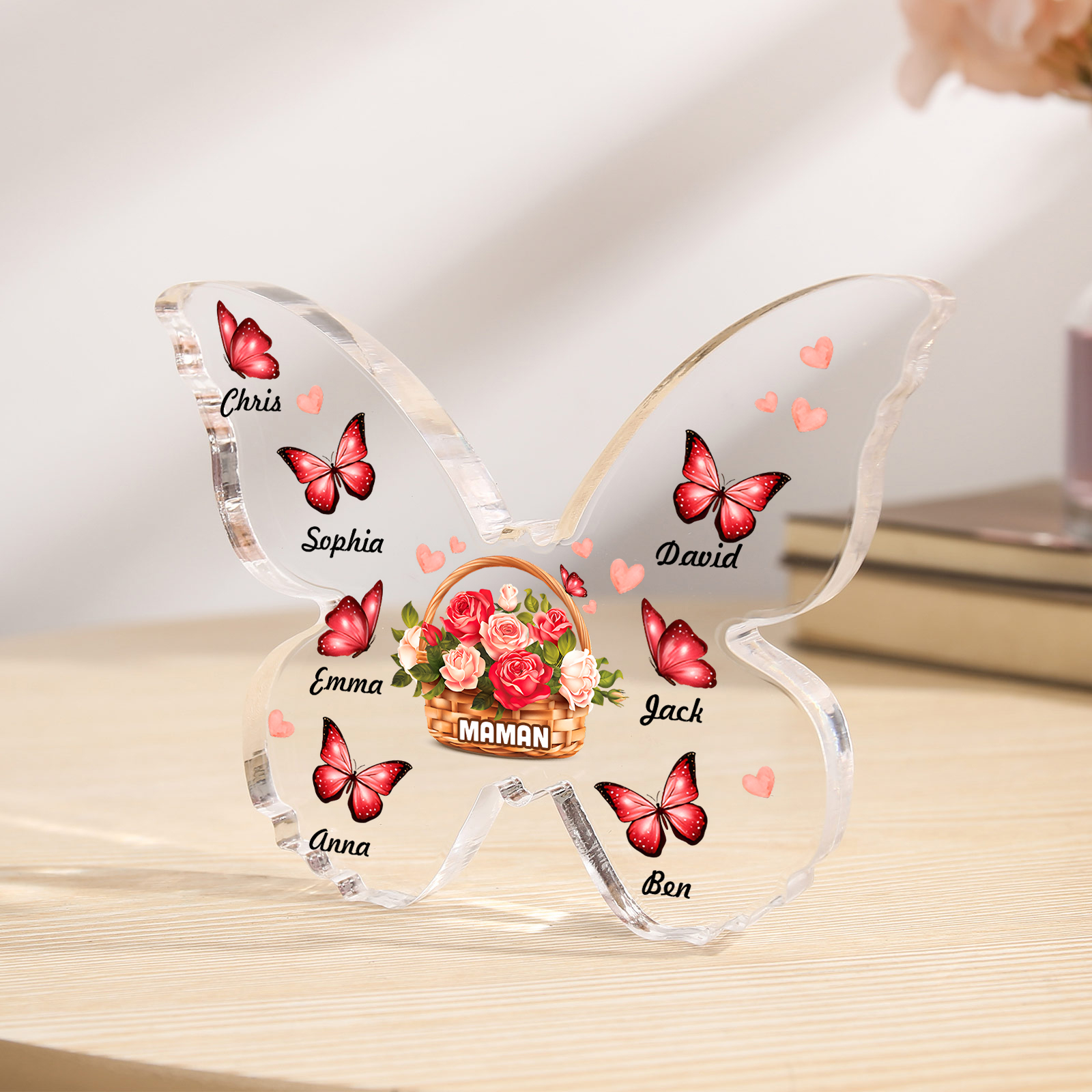 À Maman/Mamie - Plaque Acrylique en forme de Papillon 7 Prénoms et 1 Texte Personnalisés Decoration Fleurs et Papillons