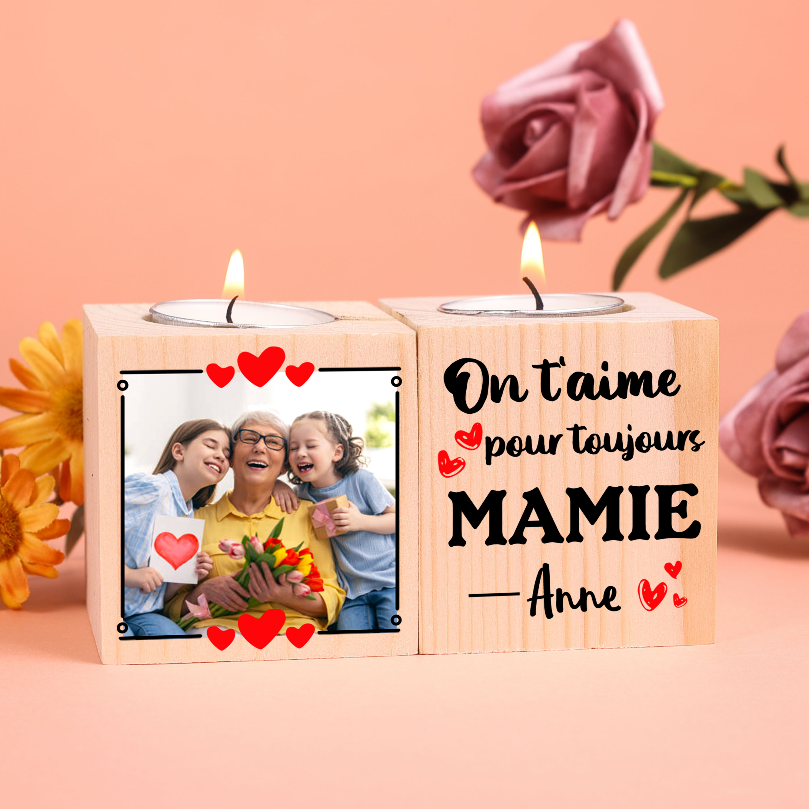 À Ma Mamie - Bougeoir en Bois 1 Prénom et Photo Personnalisés sans bougie