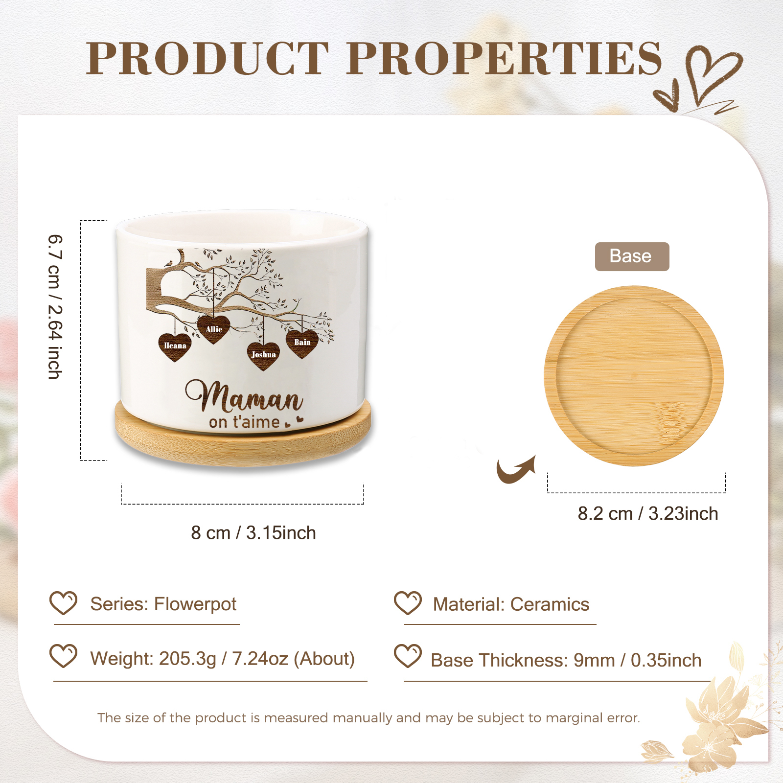 Vase/Pot de Fleurs Arbre de vie 4 Prénoms Personnalisés avec Texte Décoration de la Maison (sans plantes)