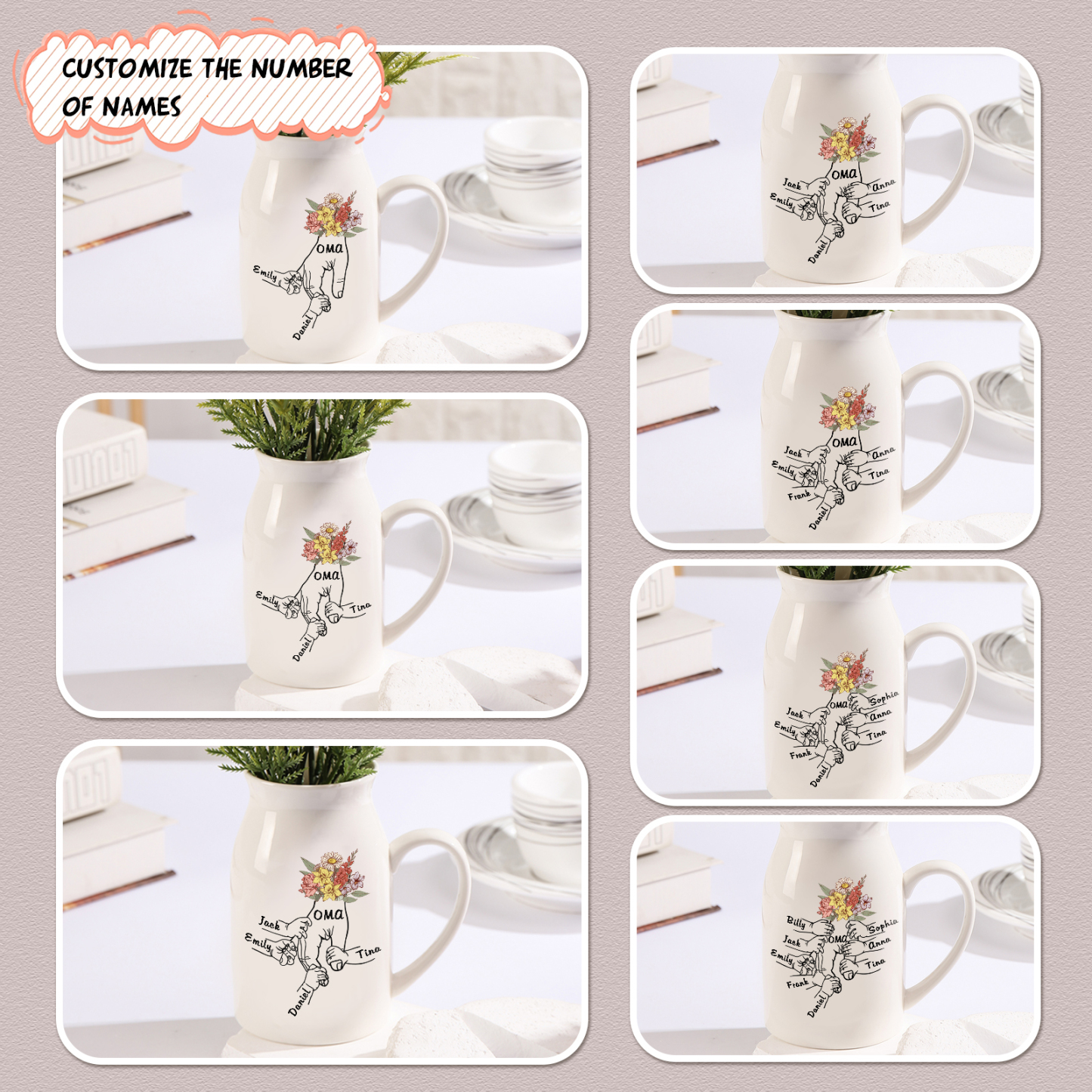 Vase à Fleurs la main dans la main 5 Prénoms Personnalisés avec Texte Décoration de la Maison