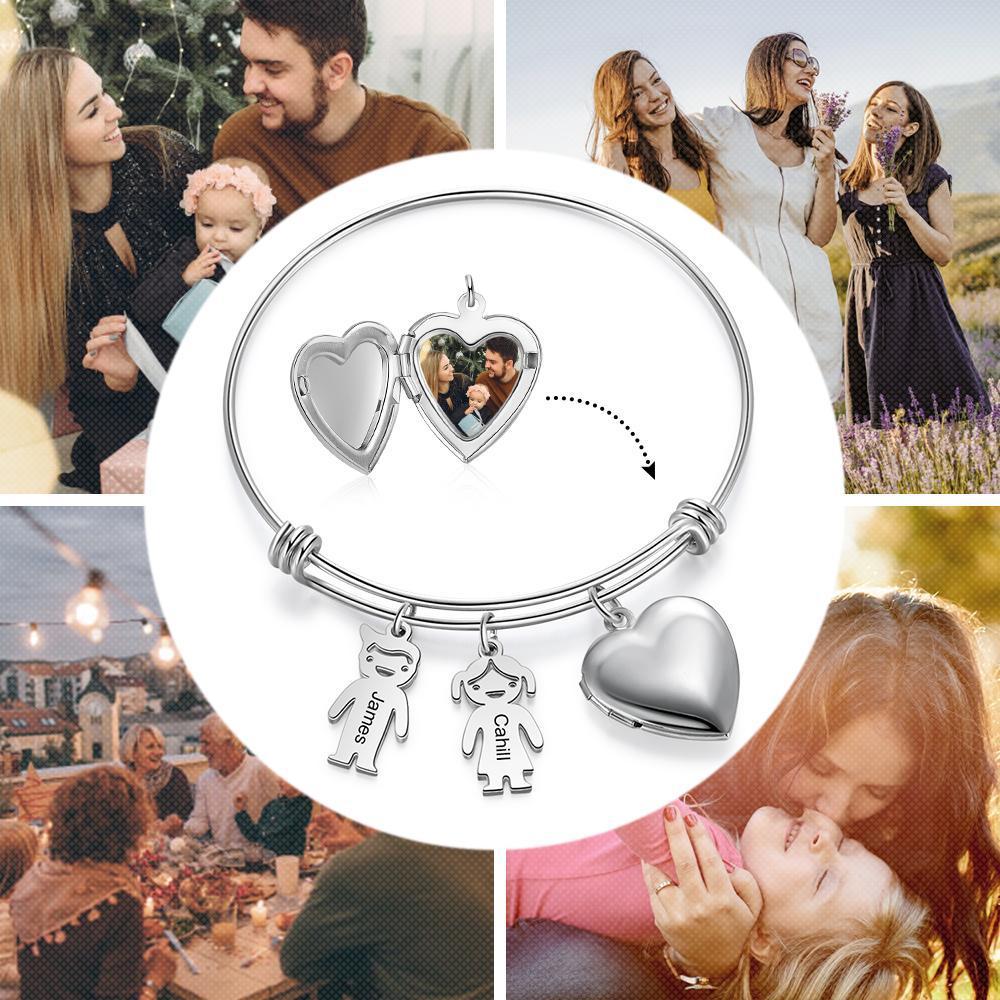 Bracelet Photo Personnalisé Coeur Avec 2 Enfants Breloques