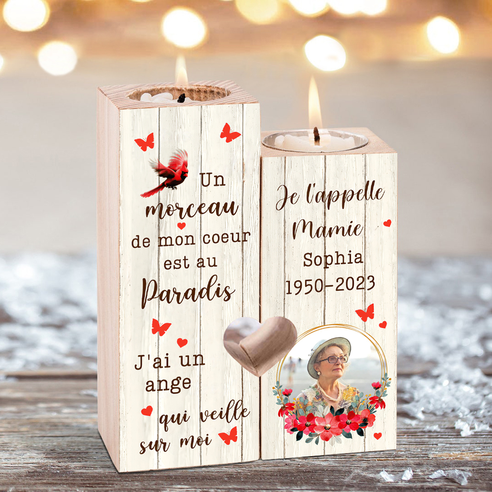 Bougeoir en Bois Commémoratif 1 Prénom et Photo Personnalisé avec Texte et Date sans bougie