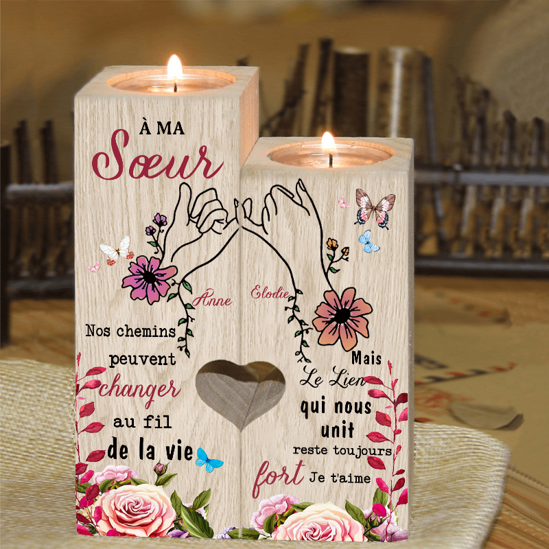 À Ma Sœur - Bougeoir en Bois 2 Prénoms Personnalisés sans bougie