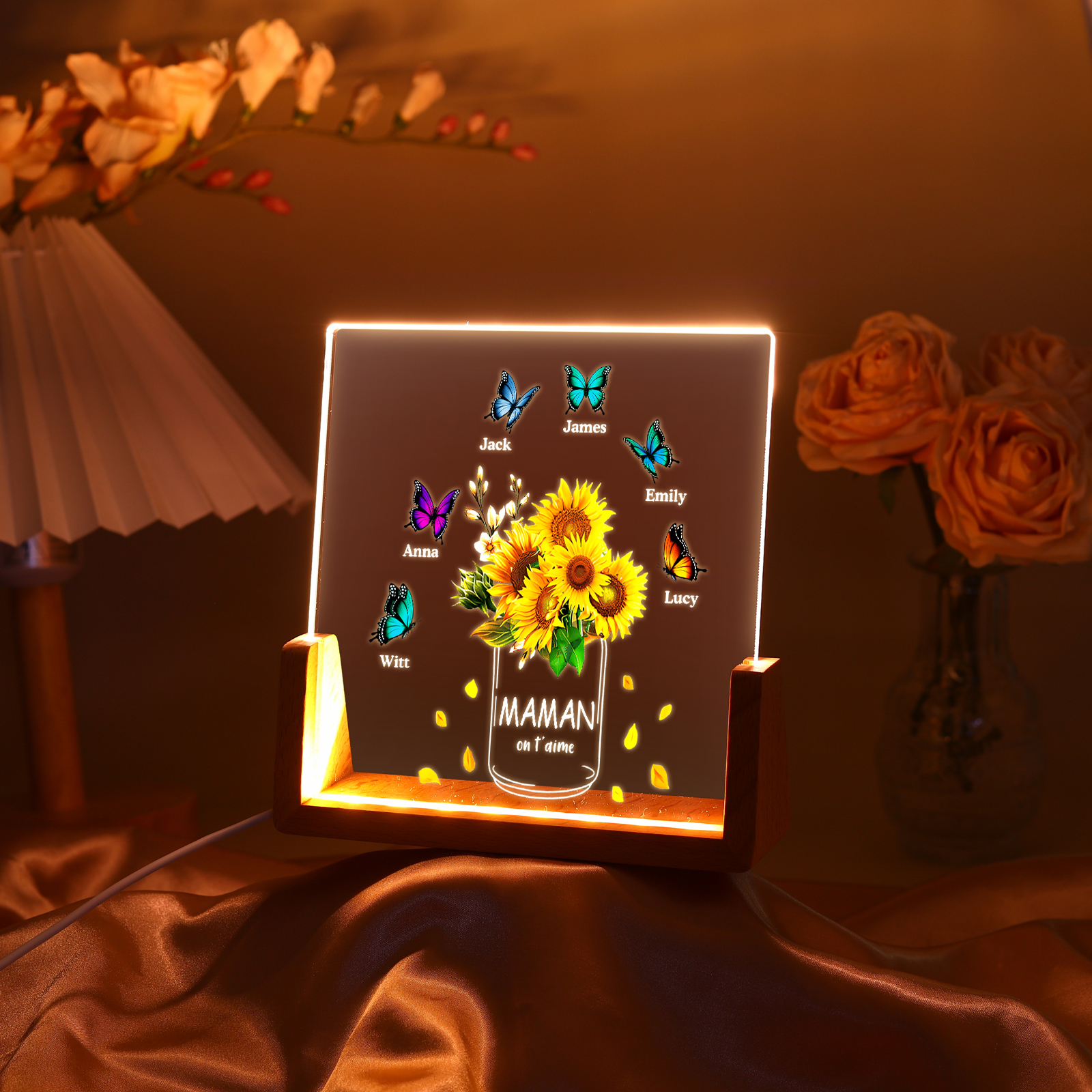 À Maman/Mamie - Lampe de chevet LED Tournesol 6 Prénoms Personnalisés avec 2 Textes pour Famille