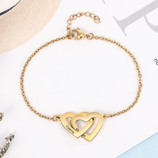 Bracelet Personnalisé Femme 2 Prénoms Personnalisés avec 2 Cœurs｜Jessemade
