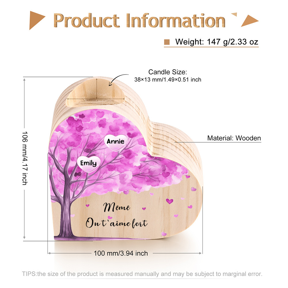 À Ma Maman/Mamie - Bougeoir en Bois Arbre 2 Prénoms et 1 Texte Personnalisés pour Famille sans bougie