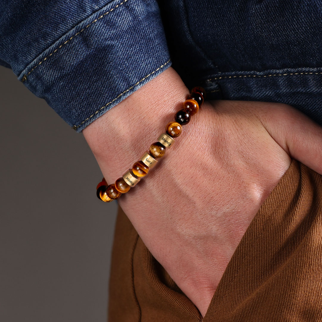 Bracelet 2 Prénom Personnalisé Pierres Oeil de Tigre Brun Bracelet Homme