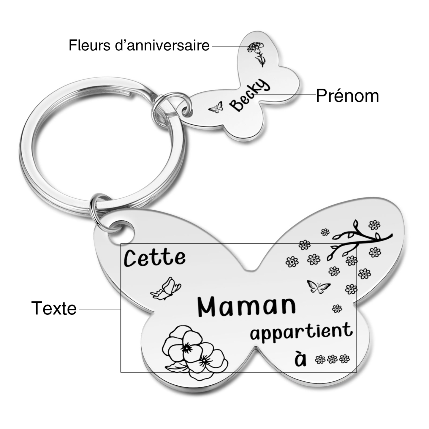 À Maman/Mamie - Porte-Clés Papillon 1 Prénom et Fleur de Naissance Personnalisés avec Texte 