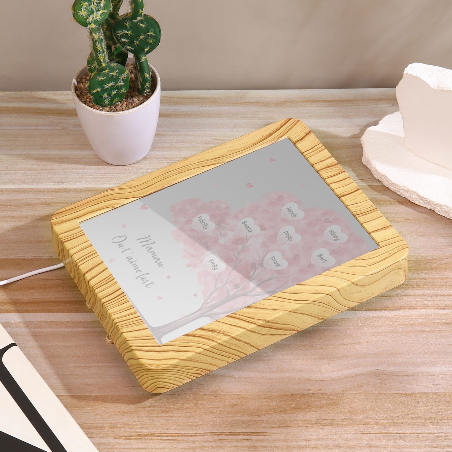 Cadre Photo/Miroir LED Multifonctionnel Arbre 8 Prénoms Personnalisés avec Texte pour Famille