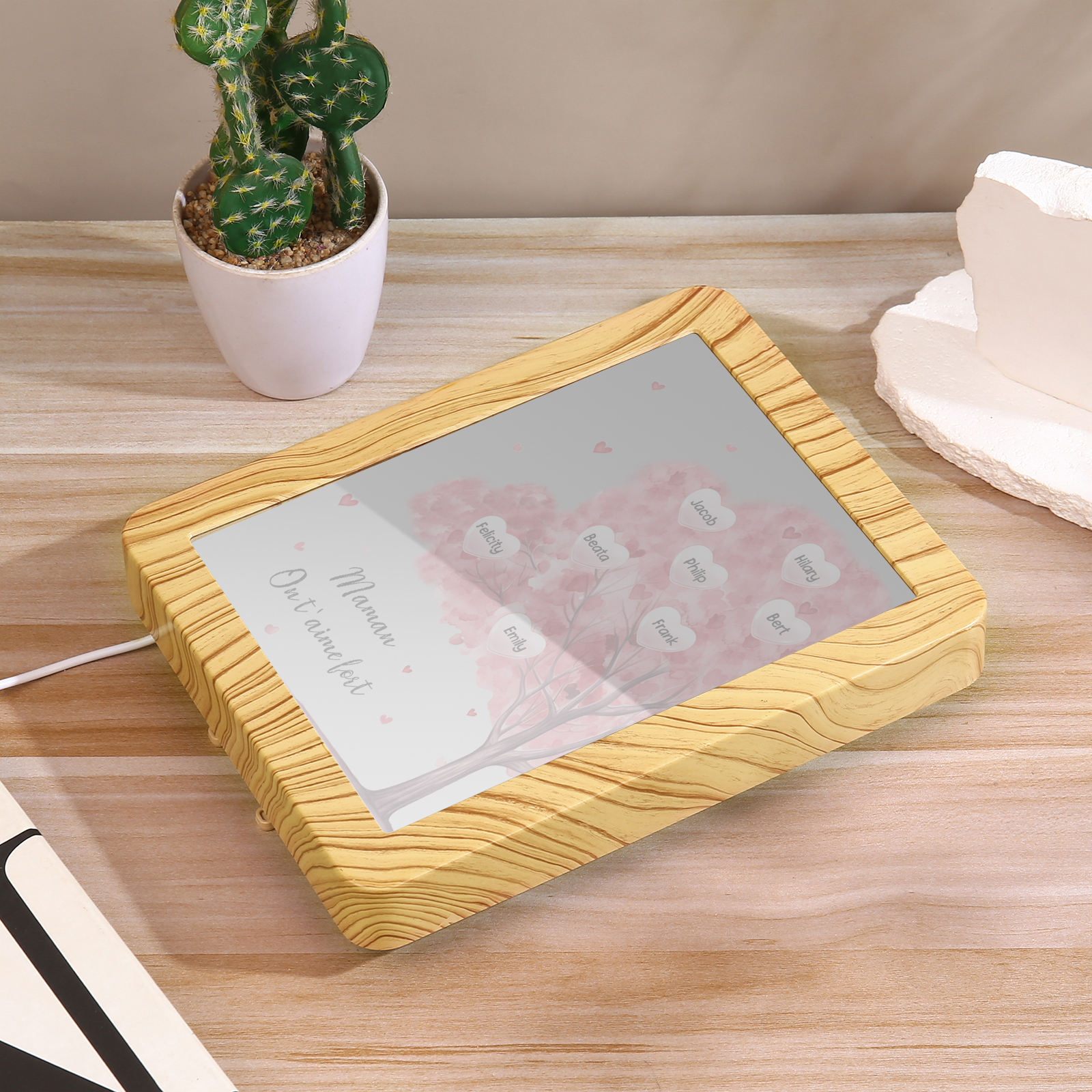 Cadre Photo/Miroir LED Multifonctionnel Arbre 8 Prénoms Personnalisés avec Texte pour Famille