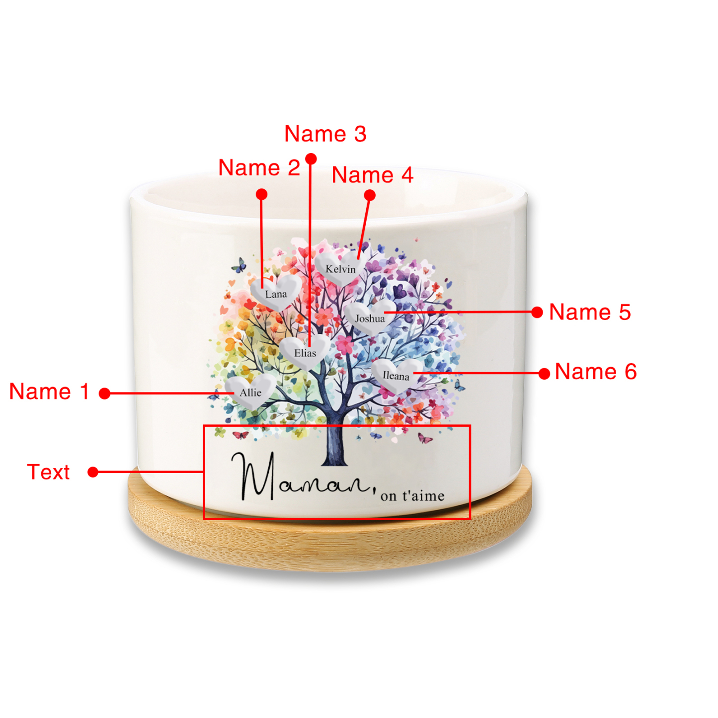 Vase/Pot de Fleurs Arbre 6 Prénoms Personnalisés avec Texte Décoration de la Maison (sans plantes)