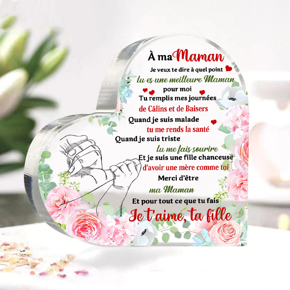 À ma Maman - Plaque Acrylique en Forme de Cœur La Main dans la Main Cadeau de Fille à Maman