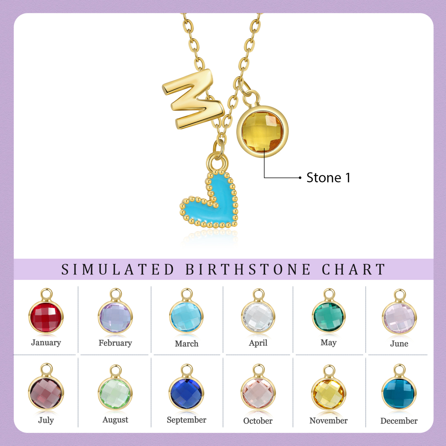 Collier Enfants Bébé Collier Cœur 1 Pierre de Naissance et 1 Lettre pour Fille Filleule