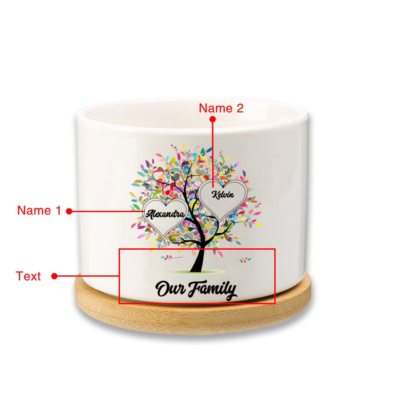 Vase/Pot de Fleurs Arbre 2 Prénoms Personnalisés avec Texte Décoration de la Maison (sans plantes)