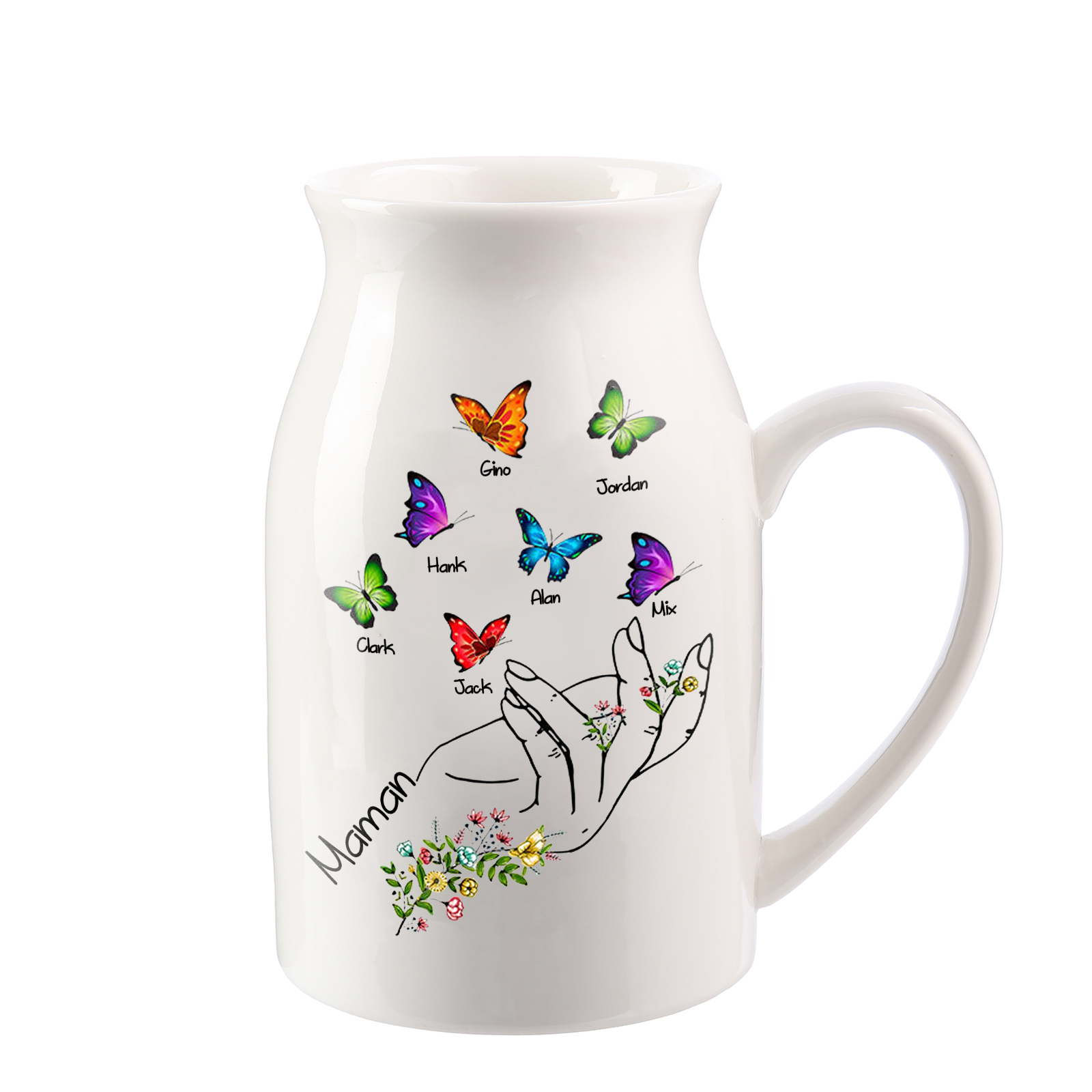 Vase à Fleurs Mains et Papillons 7 Prénoms Personnalisés avec Texte Décoration de la Maison