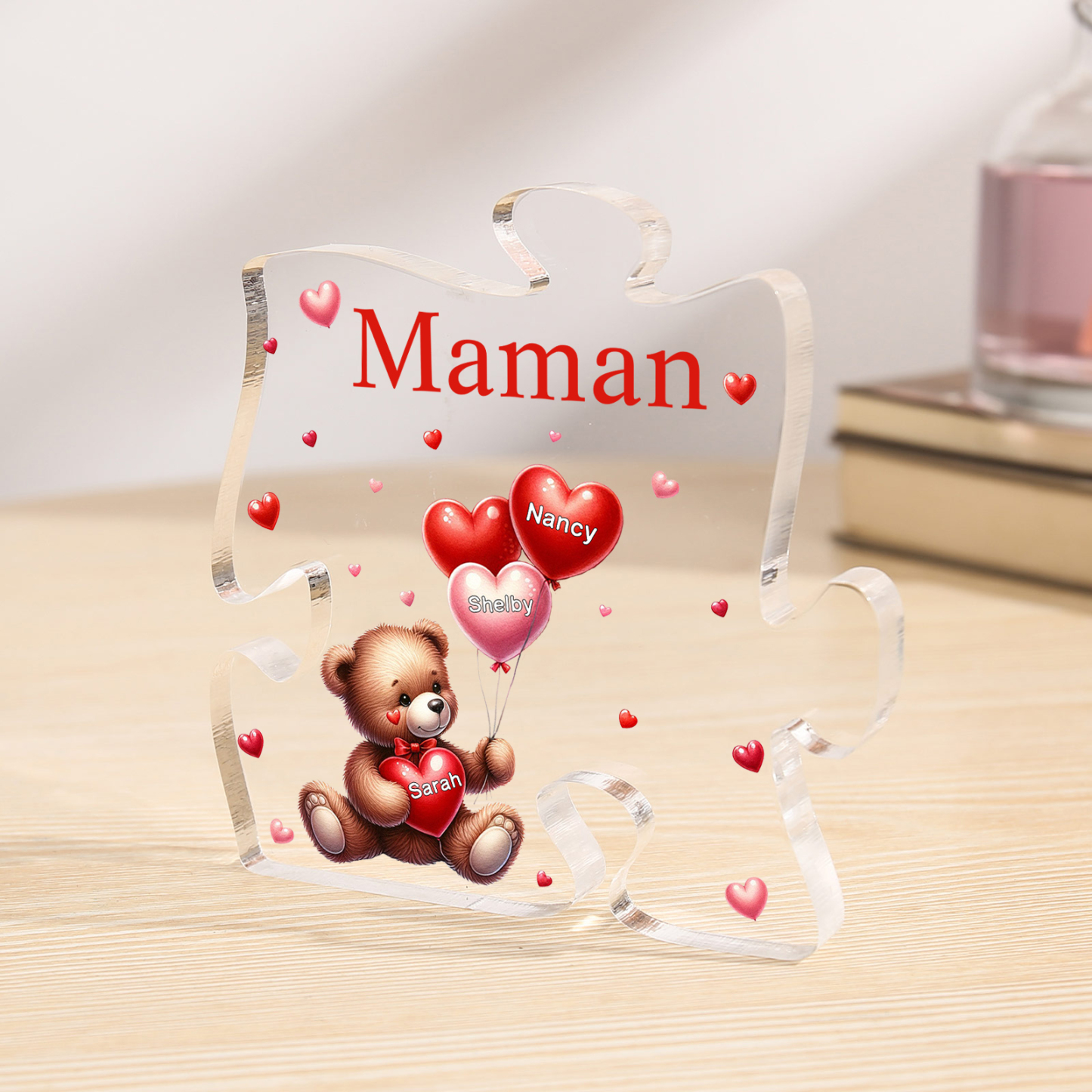 Plaque Acrylique en forme de Puzzle Ours 3 Prénoms et 1 Texte Personnalisés