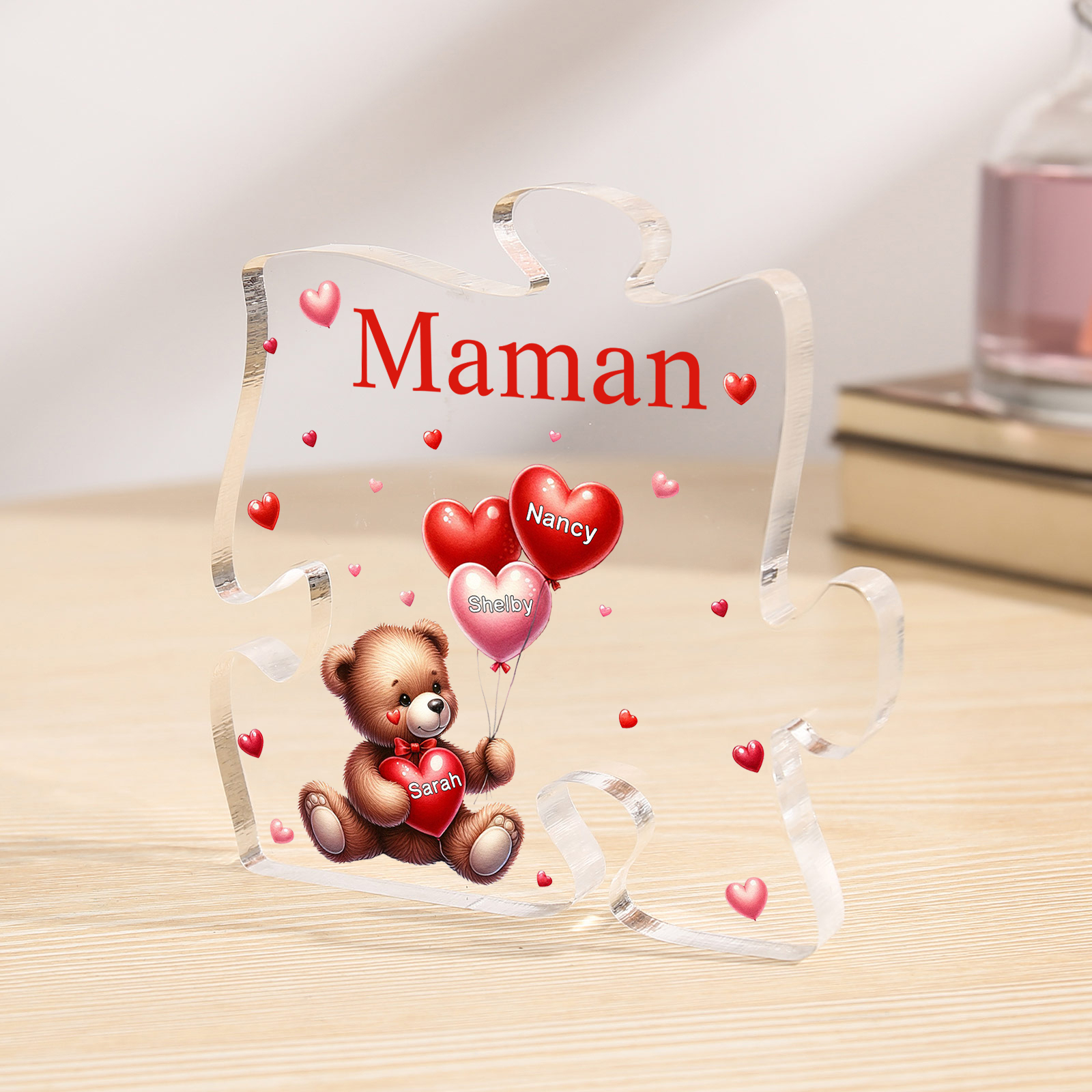 Plaque Acrylique en forme de Puzzle Ours 3 Prénoms et 1 Texte Personnalisés
